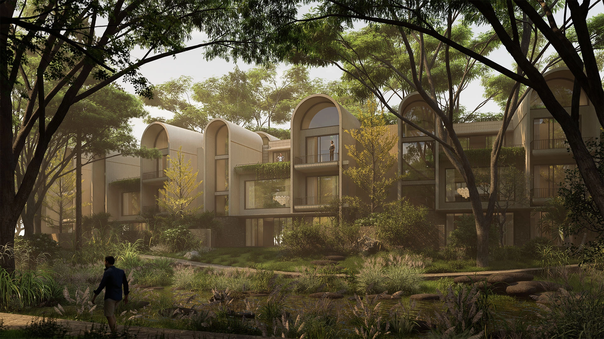 Official architectural rendition of Embassy Riverine villas within a mature landscape
